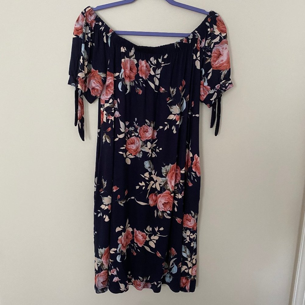 Blue and pink floral off the shoulder dress